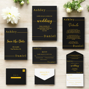 Modern Simple Black And Gold Elegant Chic Wedding All In One Invitation