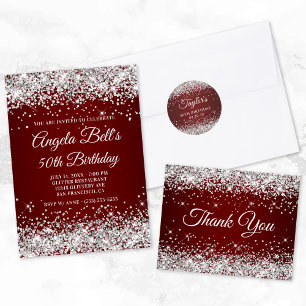 Silver Glitter Dark Red 40th Birthday Square Paper Coaster