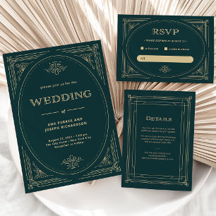 Modern Deco   Emerald Green and Champagne Wedding Invitation