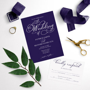 Elegant Script Navy Blue And White Wedding Invitation
