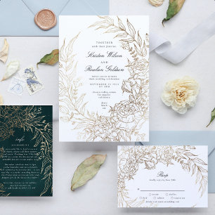 Floral Wreath White Black Emerald Gold Wedding Invitation