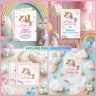 Whimsical pink Rainbow unicorn 1st Birthday party Invitation
