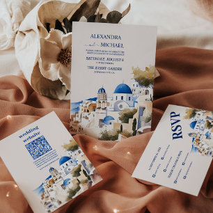 Watercolor Santorini Destination Wedding All In One Invitation