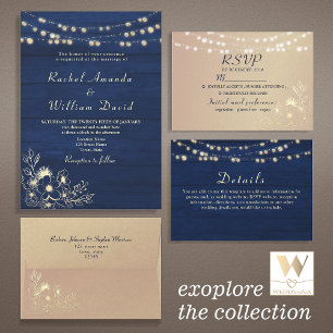 Navy Blue Wood String Lights Wedding All In One Invitation