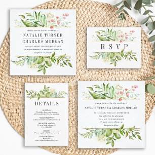 Wild Floral Green Foliage Watercolor Wedding RSVP Invitation Postcard