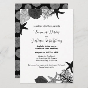 Black-grey-white seashell casual wedding  invitation