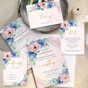 Dusty blue dusty pink faux gold geometric  invitation