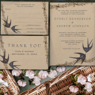 5 x 7 Vintage Love Birds Navy Wedding Invites