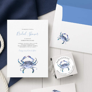Beach Blue and White Watercolor Crab Invitation