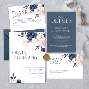 Navy Blue and Blush Pink Bouquet Wedding Invitation