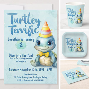 Cute watercolor turtle kids birthday invitation