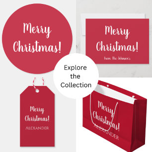 Modern Red Merry Christmas   Add Your Family Name Holiday Card