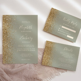 Sage Green Gold Glitter Wedding Invitation