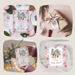 Winter Deer Floral Baby Girl Shower  Classic Round Sticker