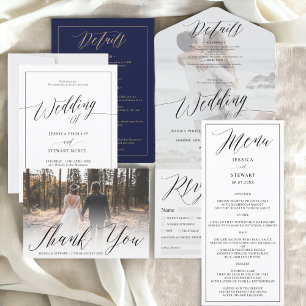 Elegant black white all in one script wedding  invitation