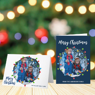 Merry Christmas Lights Family Photo Cute Modern Holiday Card