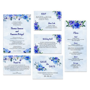 Royal Blue Watercolor Floral Wedding Invitation