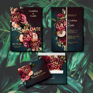 Bold Moody Red Floral Foil RSVP Wedding Postcard