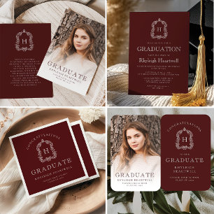 Classic Burgundy Monogram Crest Graduation Party Invitation