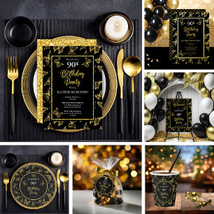 Elegant Black Gold Butterflies 90th Birthday Party Invitation