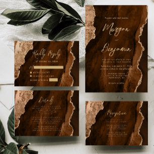 Mocha Brown Watercolor Agate Gold Script Wedding Invitation