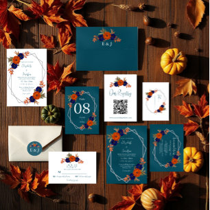 Rustic Autumn Orange Navy Blue Post-Wedding Brunch Invitation