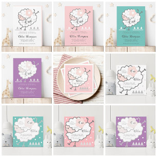 Simple Cute Jumping Lamb Cyan & White 1st Birthday Invitation