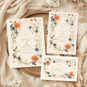 Vintage Floral Fern Wedding Invitation