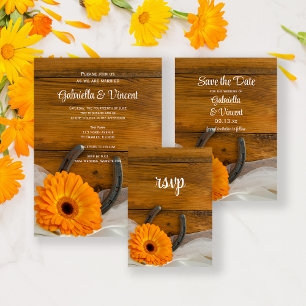 Orange Daisy Horseshoe Country Wedding RSVP Card