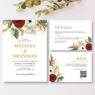 Bold Elegant Red Gold Floral Monogram Wedding Menu