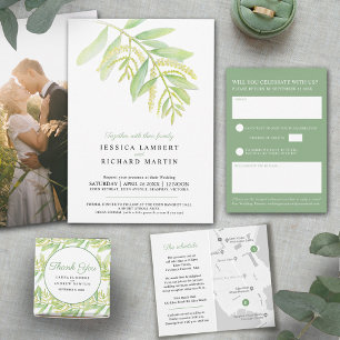 Wedding eucalyptus green watercolor meal RSVP All In One Invitation