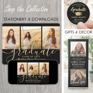 Downloadable 4 Photo Black & Gold Graduation Party Invitation