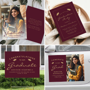 2025 Classic Burgundy Gold Border Graduation Party Invitation
