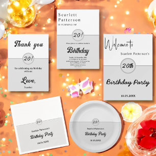 Elegant Chic Black And White Grey 20th Birthday Thank You Card