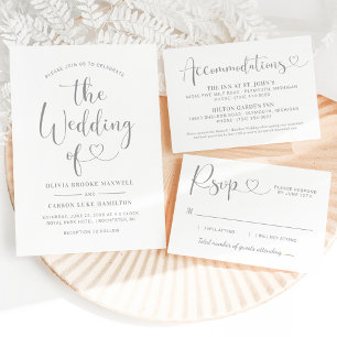 Modern Silver Heart Calligraphy Script Wedding Invitation
