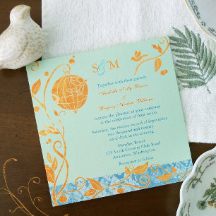 Mint & Orange Love Birds Wedding Invitation