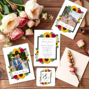 Sunflower Rose Daisy Autumn Floral Wedding Invitation
