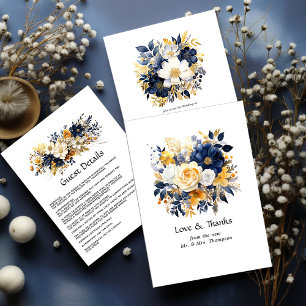 Navy, White, and Gold Floral Wedding Invitation