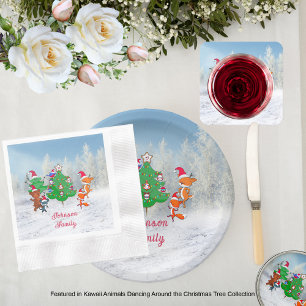 Cartoon Animals Dancing Around the Christmas Tree Holiday Card
