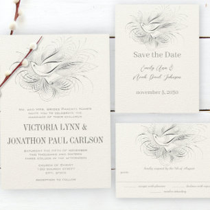 Coral & Grey Vintage Love birds Wedding Invitation