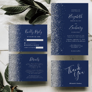 Silver Glitter Edge Navy Blue Wedding Thank You Card