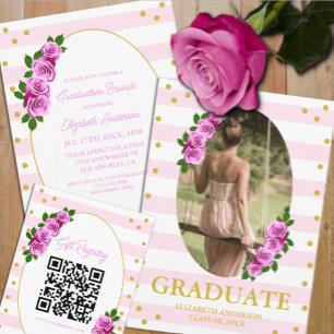 Pink Roses Striped Graduation Brunch Registry Enclosure Card