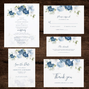 Dusty Blue Floral Script Botanical Wedding Save The Date