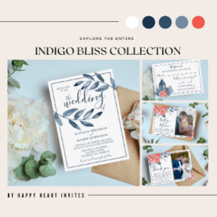 Indigo Bliss Watercolor Leaf Branch Photo Wedding Invitation