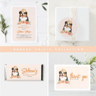 Watercolor Border Collie Peach Flowers Birthday Thank You Card