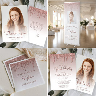 2025 Glam Rose Gold Glitter Drip Photo Graduation Invitation