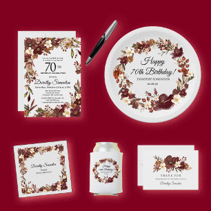 Burgundy Mauve Ivory Fall Floral 70th Birthday Invitation