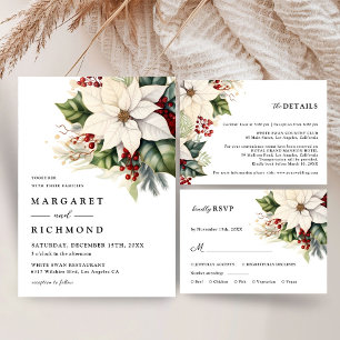 White Poinsettia Red Berries Winter Wedding RSVP Card
