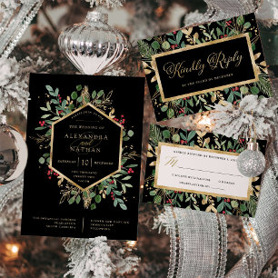 Gilded Greenery Black   Christmas Holiday Wedding Invitation