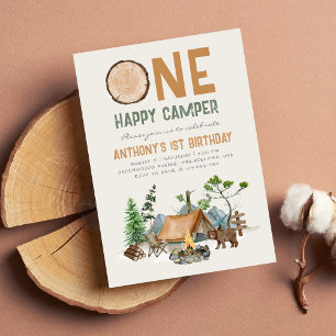 Modern One Happy Camper Woodland 1st Invitation